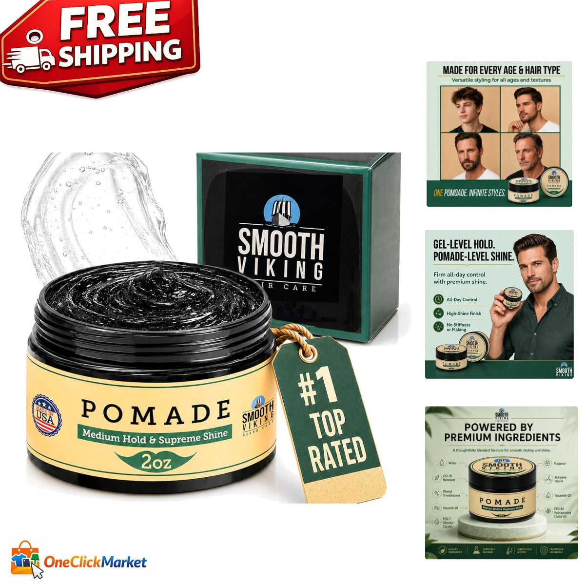 Men's Water-Based Pomade - Strong Hold, Silicone-Free, 2oz