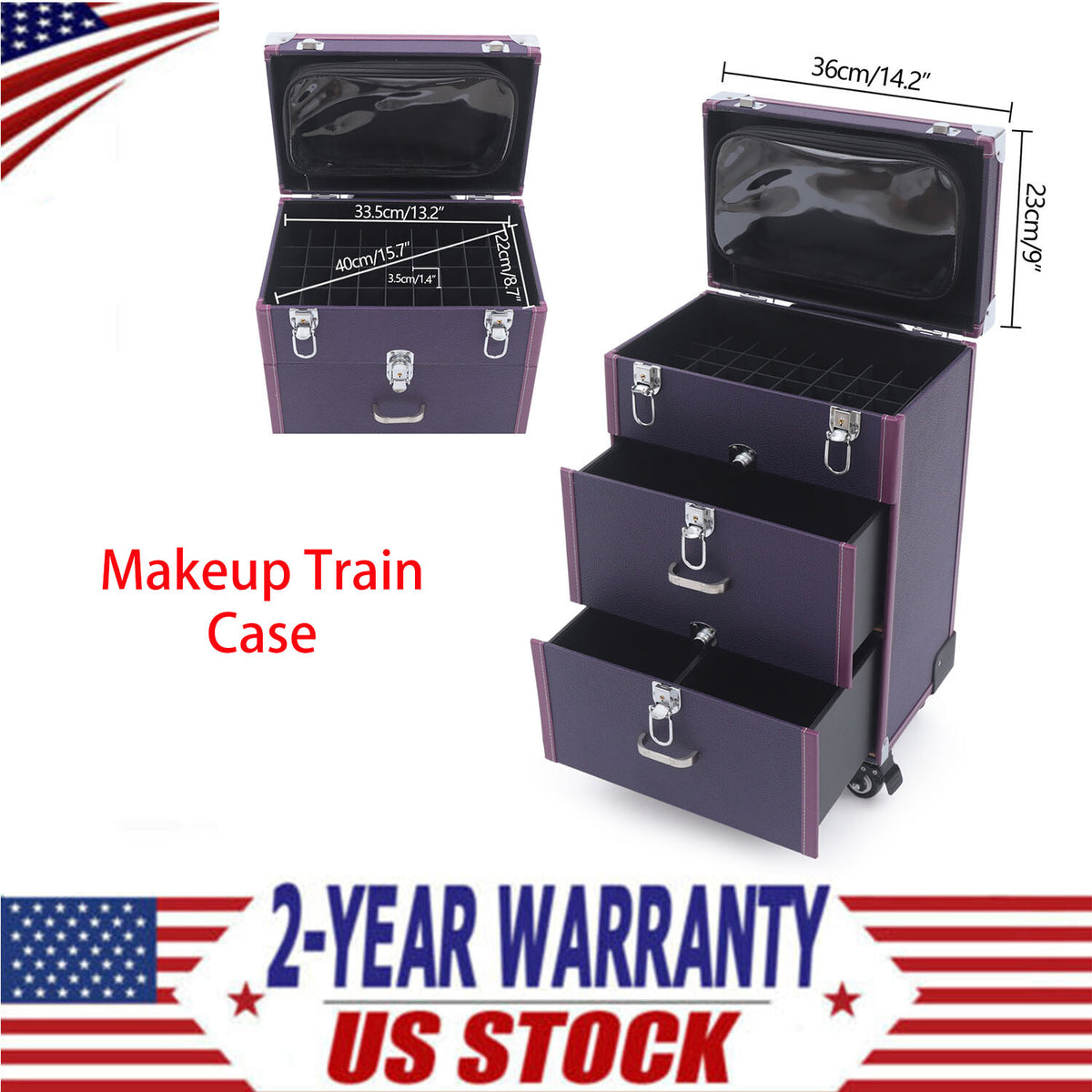 Rolling Makeup Train Case with 4 Wheels and Large Storage - Purple