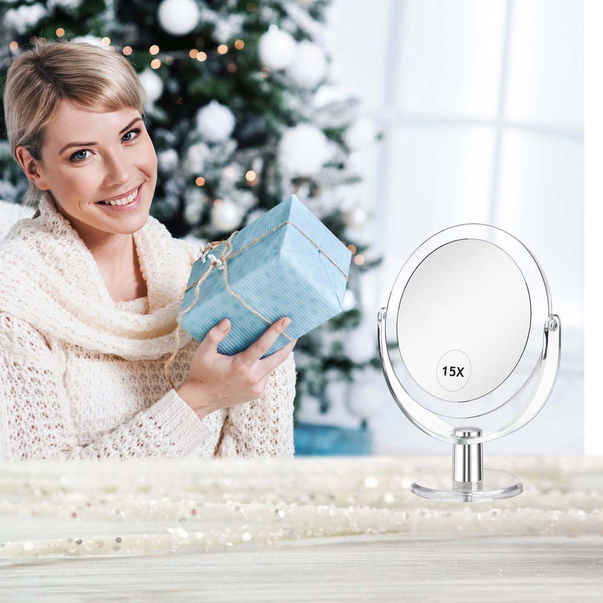 Double-Sided Makeup Mirror with 1X 15X Magnification, 360° Swivel, Portable 6.25"