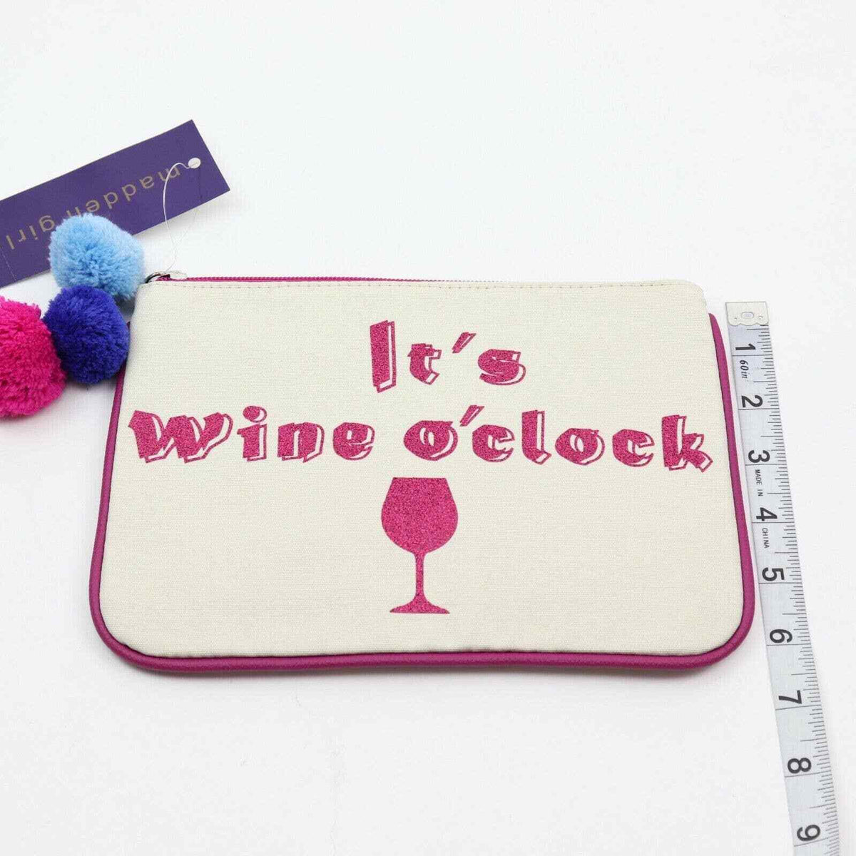 Small Cosmetic Pouch with Pink Glitter and Wine O'Clock Message - Steve Madden Girl