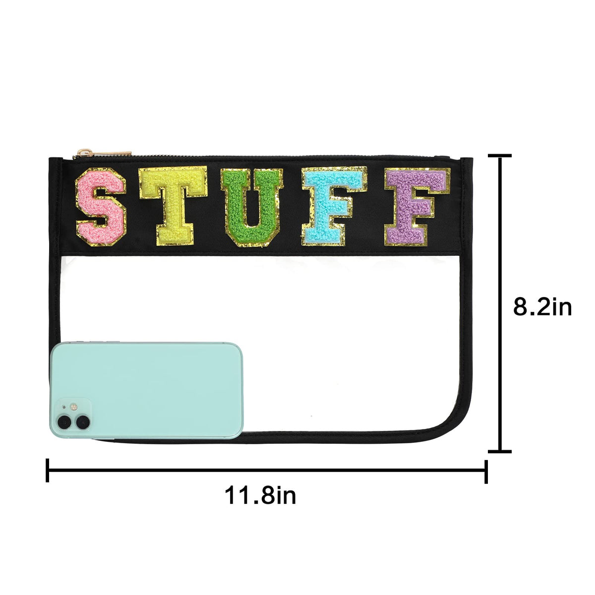 Clear Zipper Travel Cosmetic Bag Nylon Pouch 11.8x8.2 Inch with Chenille Letter Patches