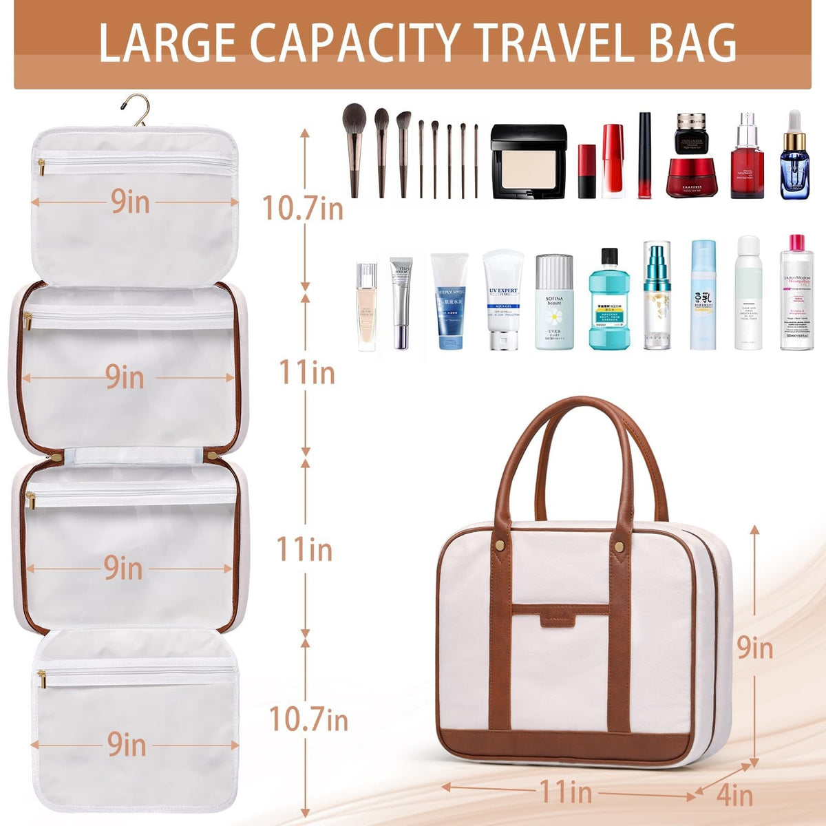 Large Capacity Hanging Travel Toiletry Bag with 4 Compartments & Hook