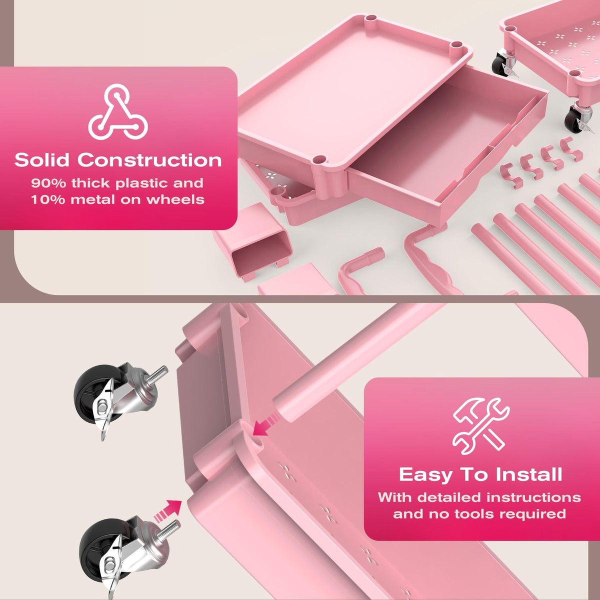 Pink 3-Tier Rolling Makeup Organizer Cart with Removable Drawer