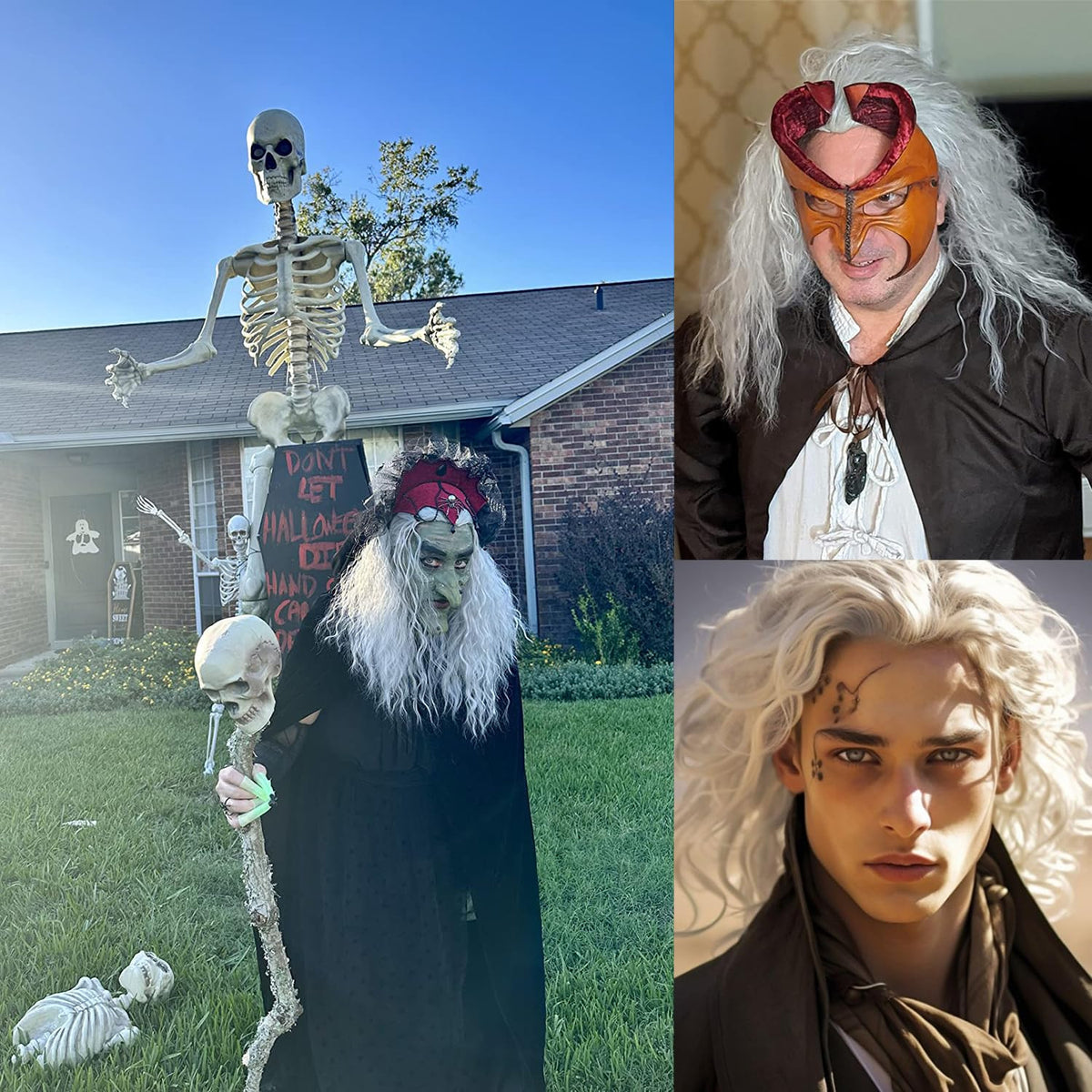 Long Curly White Wigs for Men Synthetic Halloween Cosplay Party Costume