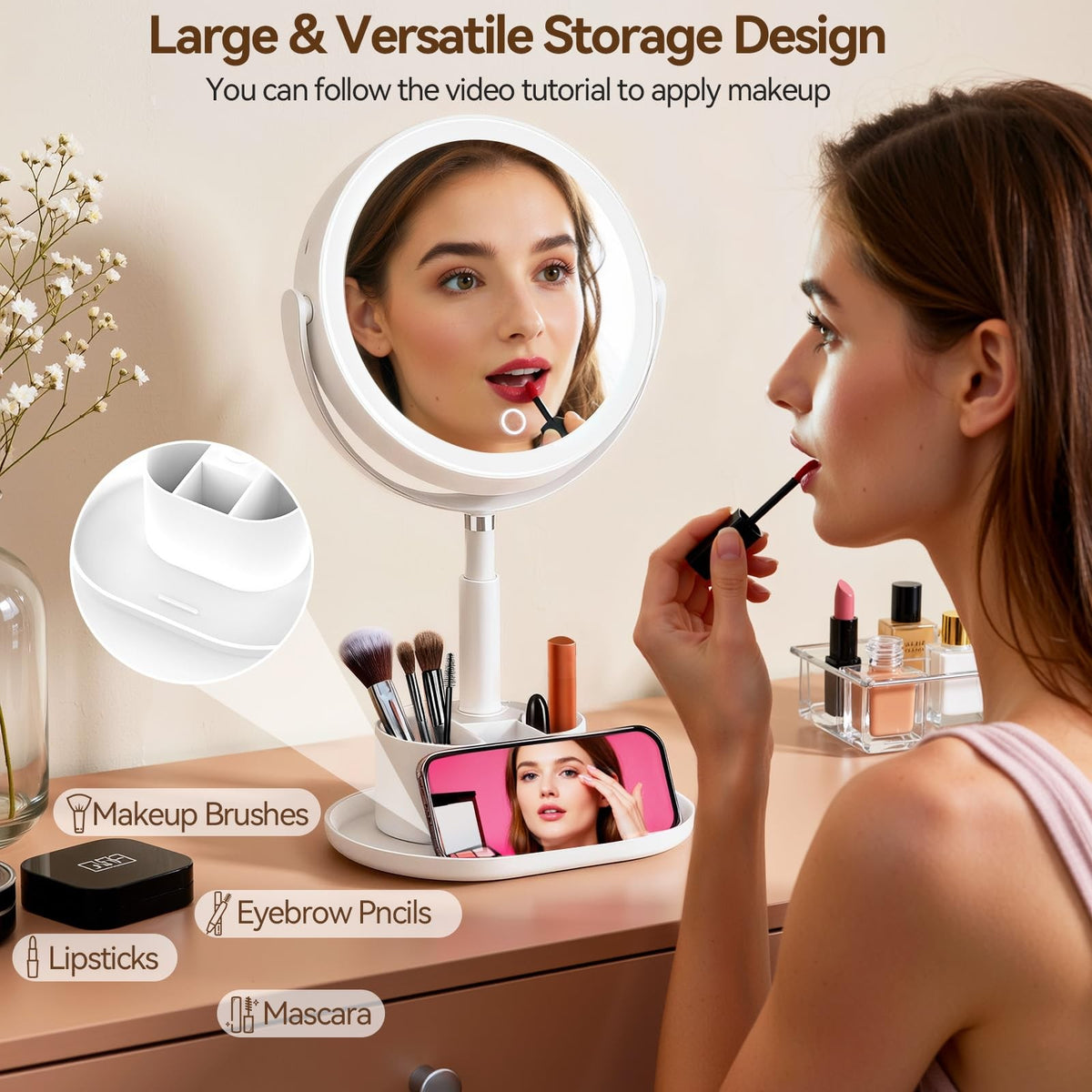 20X Magnifying Makeup Mirror with Lights and Storage - White