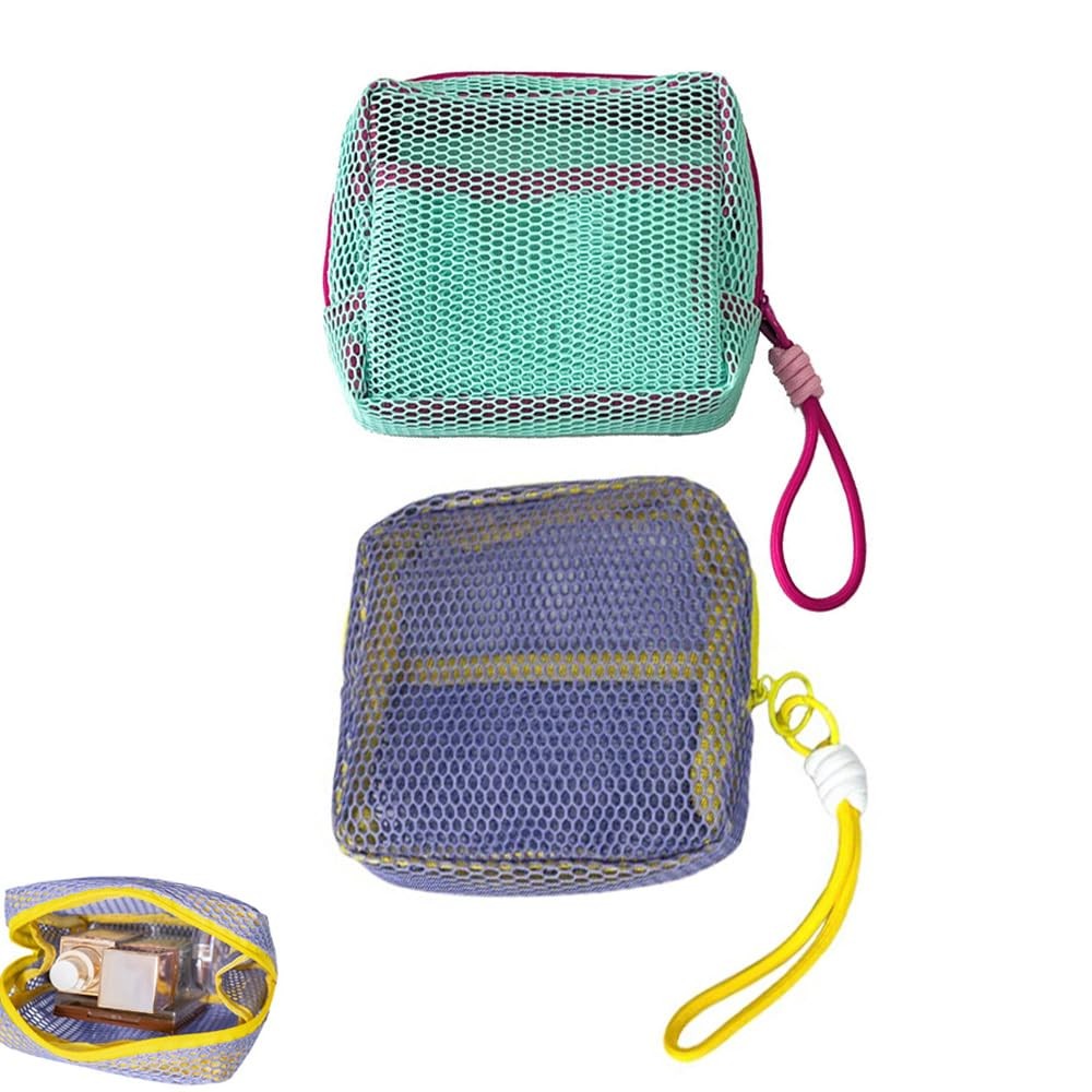 2 Pack Mesh Cosmetic Bags Small Travel Organizer with Detachable Handles - Green & Purple