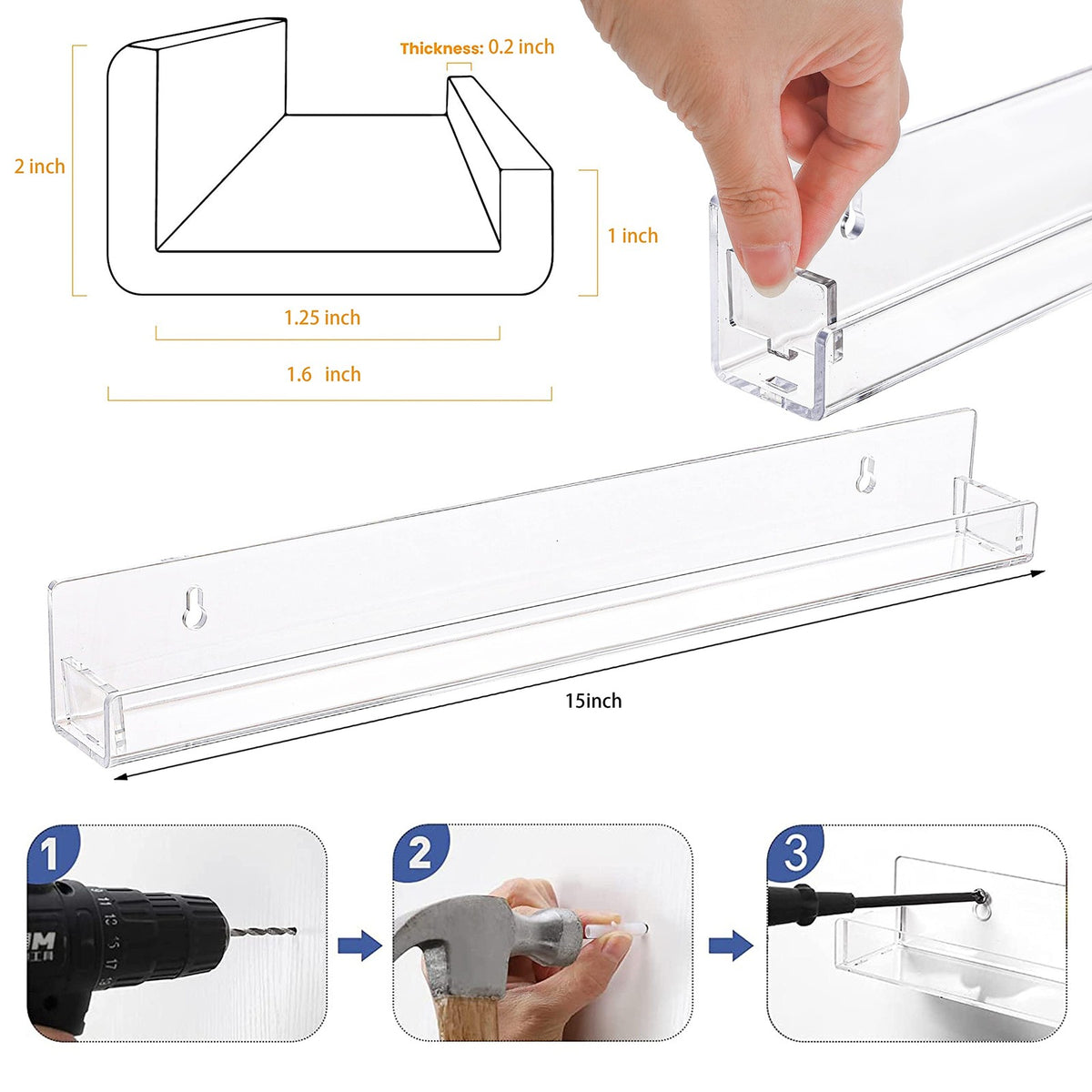 Clear Wall Mounted Nail Polish Rack Set - 15 Inch Acrylic Storage Shelves for Cosmetics