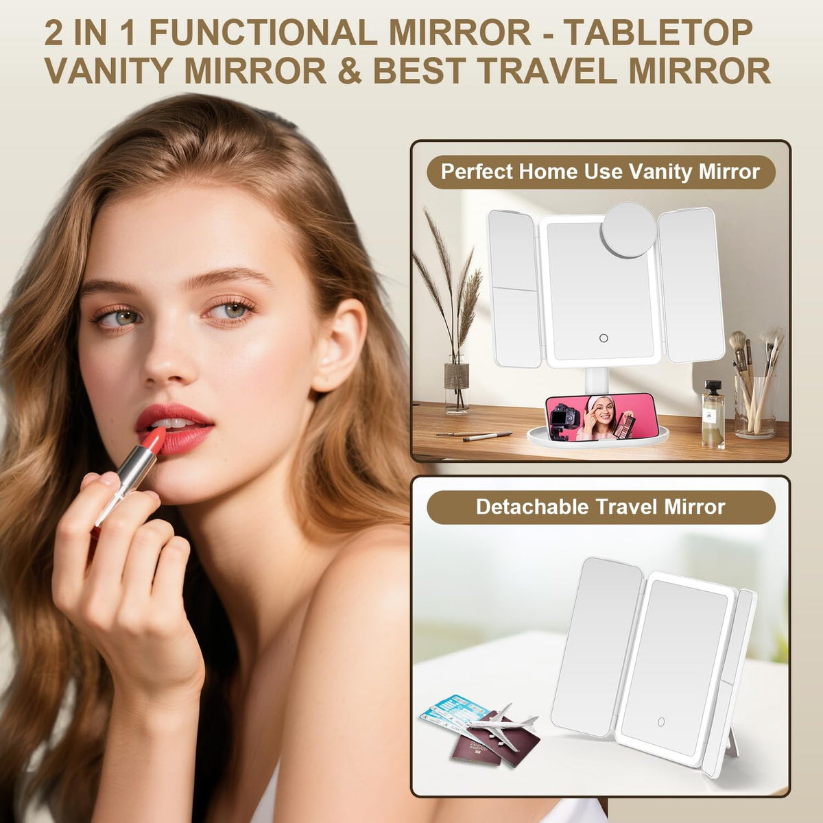 Magnifying Lighted Vanity Mirror 1X/3X/7X/20X with 3 Color Modes Rechargeable