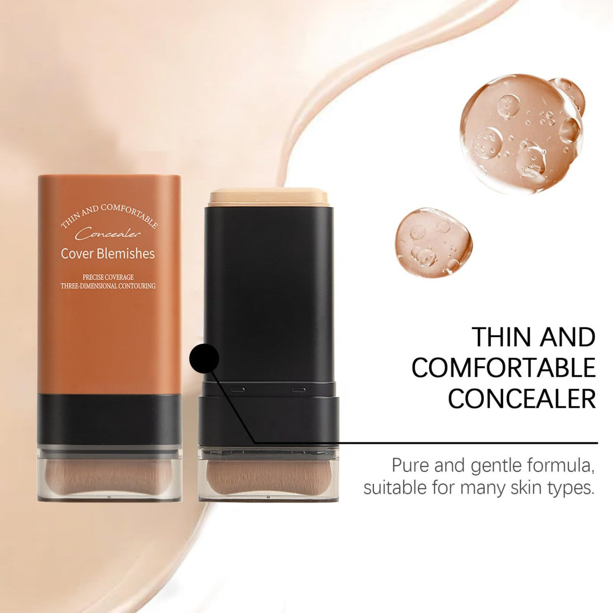 Hydrating Face Foundation Stick with Built-In Brush - Full Coverage, Lightweight, Waterproof, 0.7oz