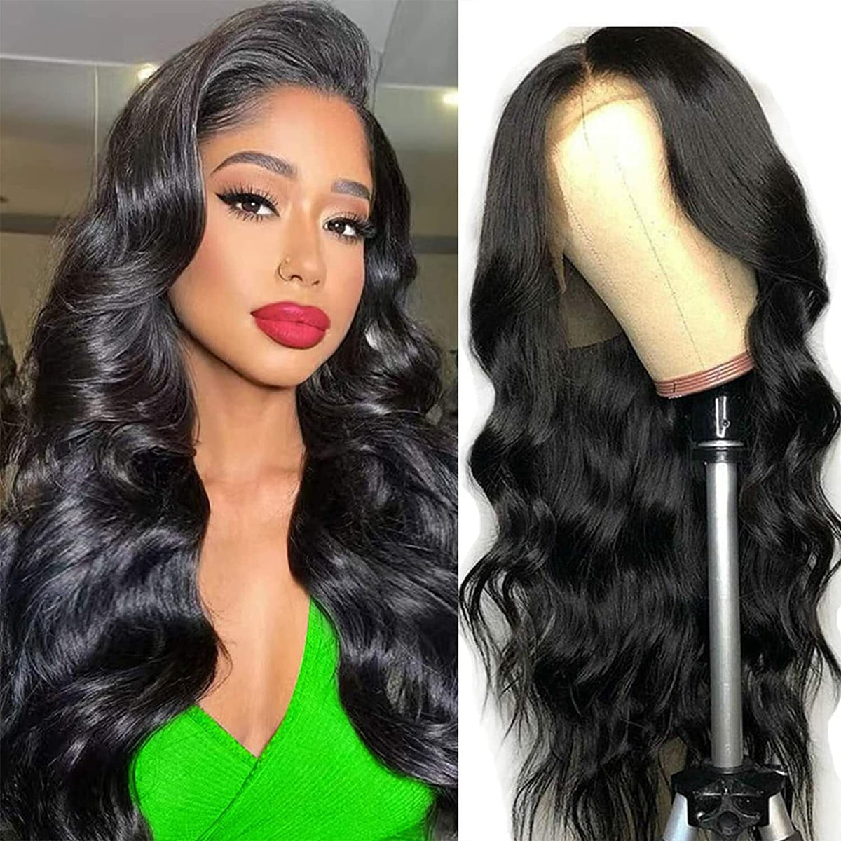 Black Long Body Wave Wig for Women - Natural Curly Wavy Full Hair Extension