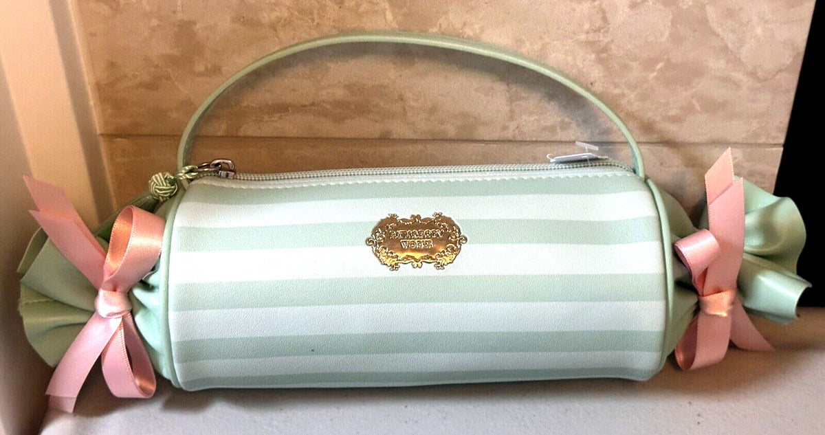 Bath & Body Works Candy Striped Cosmetic Bag with Green and Pink Bows - Sweetest Song Collection