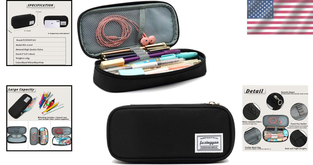 Black Pencil Case with Shoulder Strap - Portable Stationery Organizer