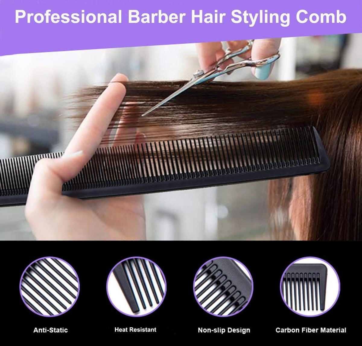 3 Pack Carbon Fiber Hair Cutting Combs - Professional Styling Tools Black