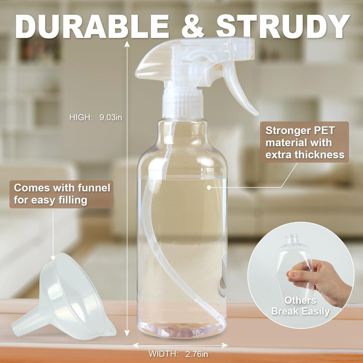 Heavy Duty Plastic Spray Bottles 2-Pack, 16.9 Oz with Mist & Stream Modes