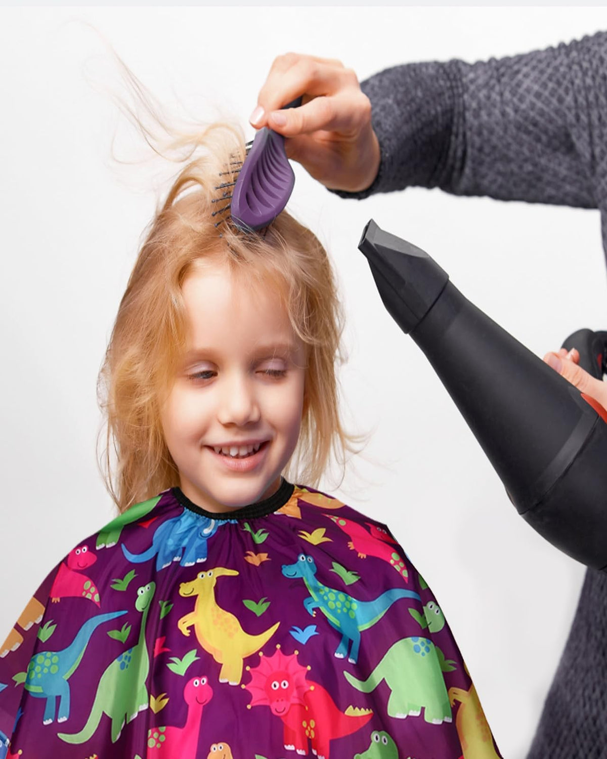 Kids Barber Cape with Neck Duster Brush, Cartoon Dinosaur, Full Coverage