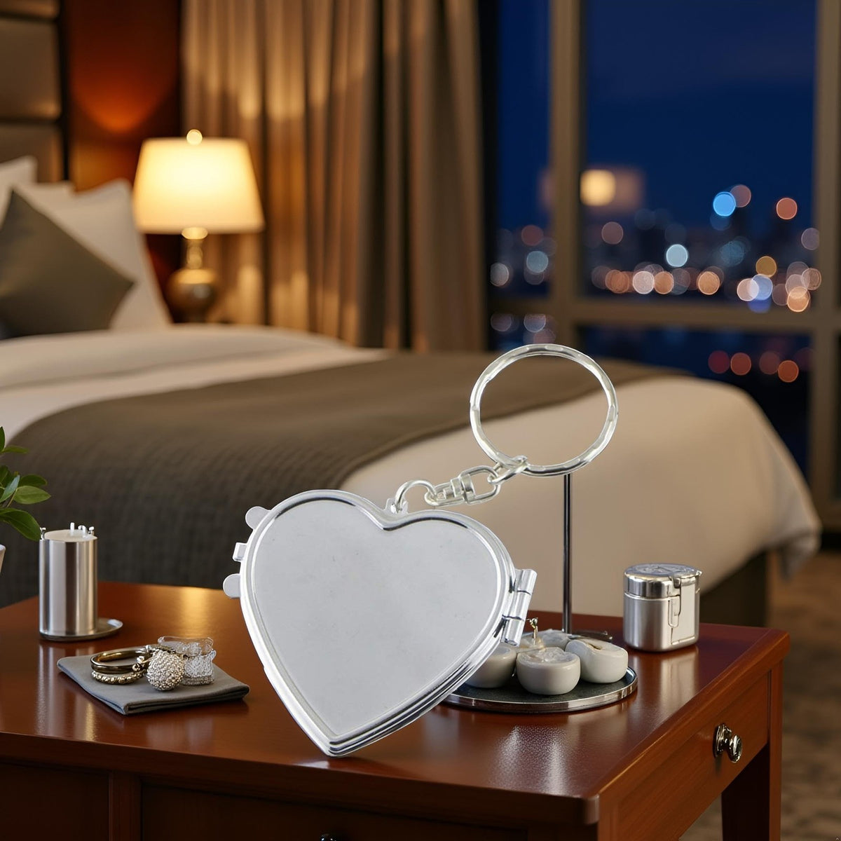 Silver Metal Heart-Shaped Pocket Mirror with Keychain - Travel & Makeup Accessory