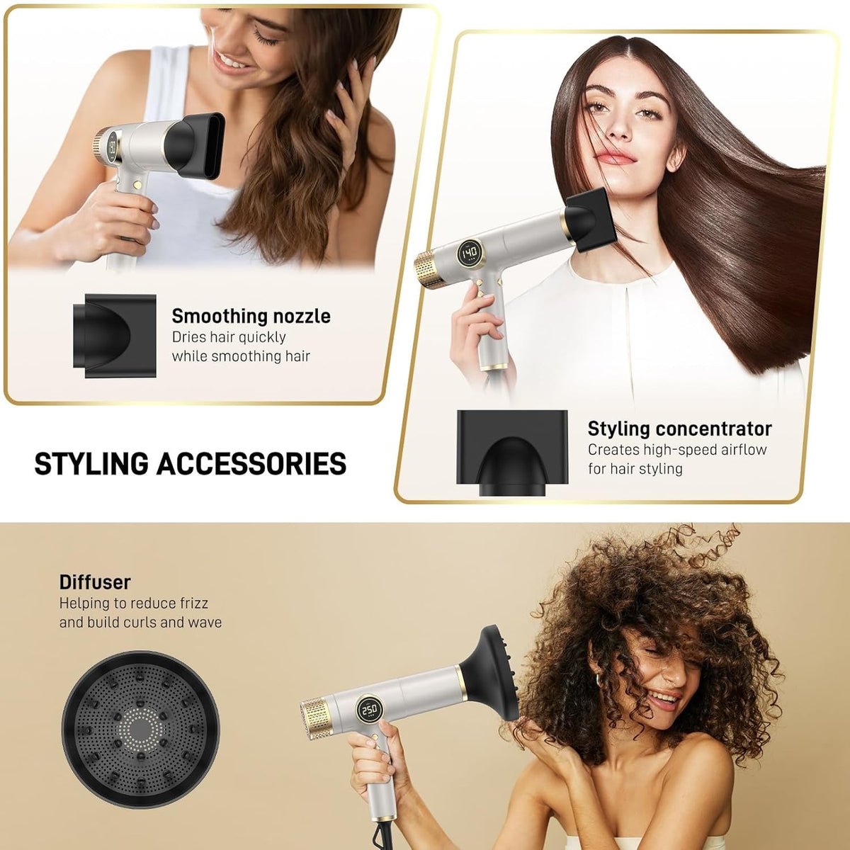 Dual Voltage Travel Hair Dryer with Magnetic Diffuser - 2000W Ionic, Lightweight