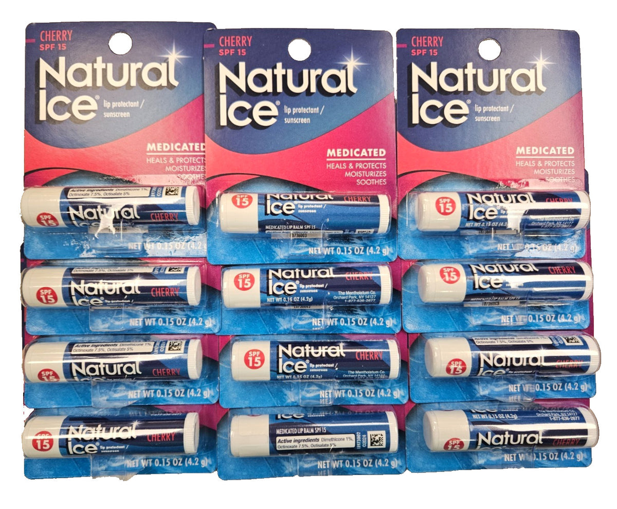 Mentholatum Natural Ice Lip Balm SPF 15 Cherry Flavor - Pack of 12 Tubes