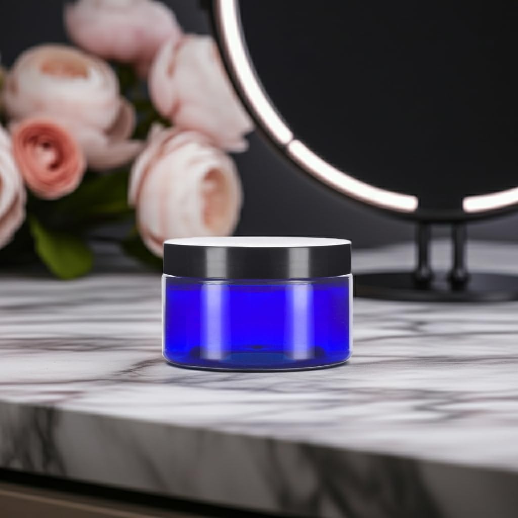 12 Pcs 6 oz Cobalt Blue PET Plastic Jars with Black Airtight Lids
