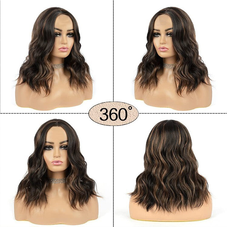 Women’s Curly Wavy Shoulder Length Wig - Black with Brown Highlights, Cosplay & Daily Wear