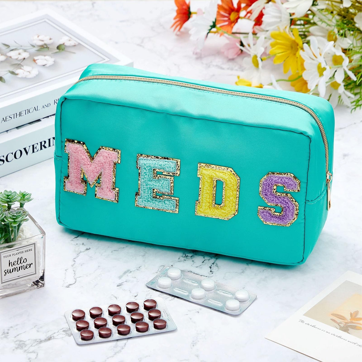 Portable Makeup & Toiletry Bag with Chenille Letter Patch – Travel Cosmetic Organizer