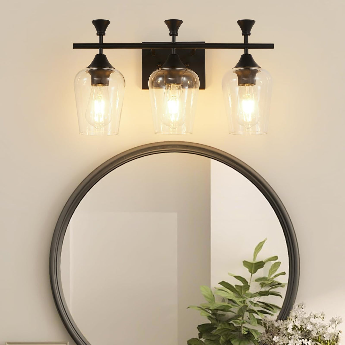 3-Light Matte Black Bathroom Vanity Light Fixture with Clear Wine Glass Shades - Modern Wall Sconce, 19 Inch