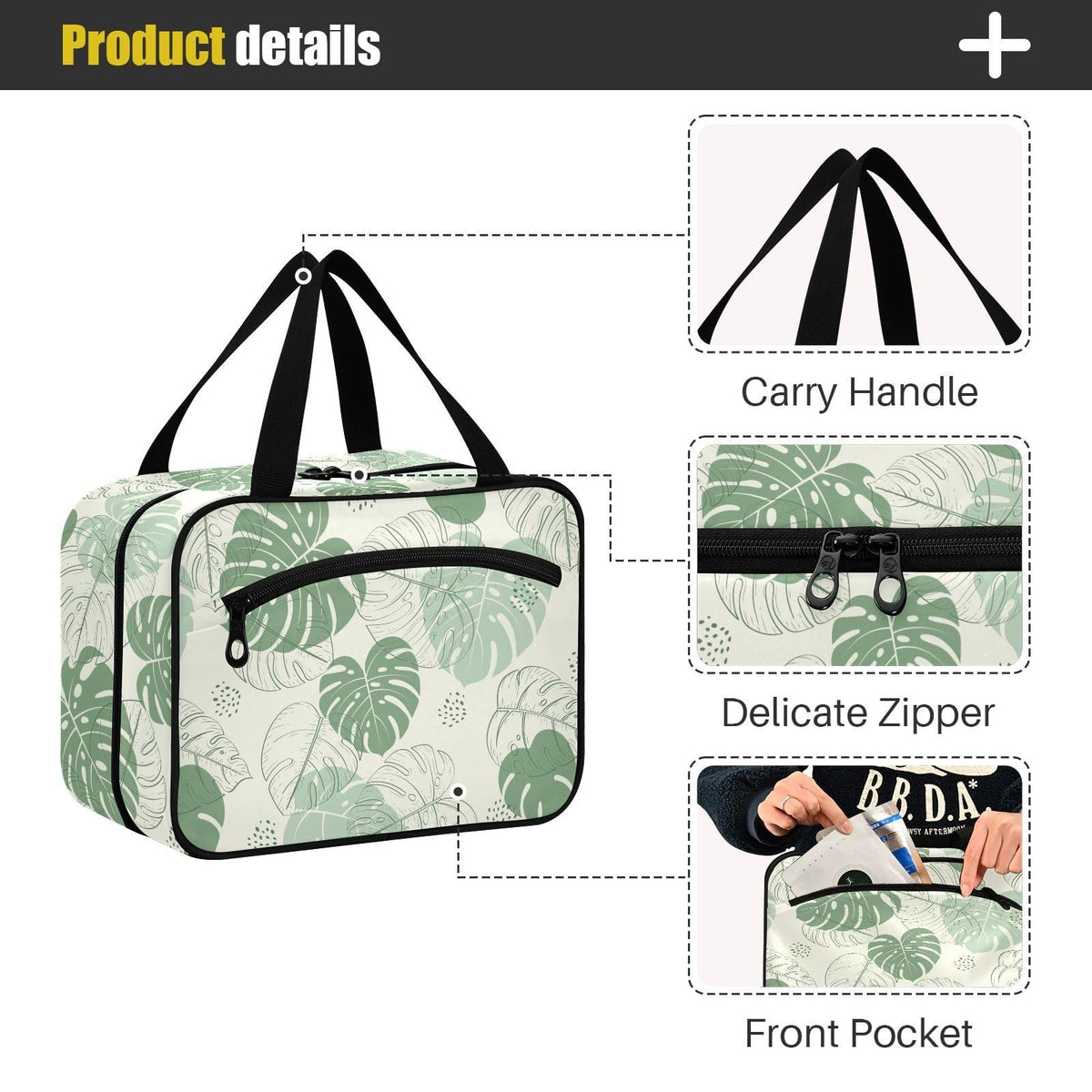 Travel Toiletry Bag for Women and Men with Hanging Hooks - Tropical Leaf Pattern, Water-Resistant Organizer