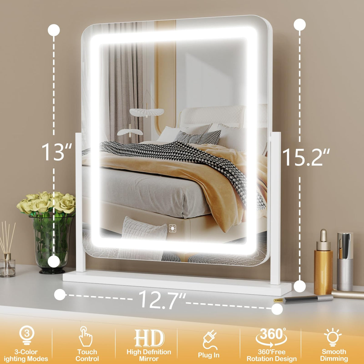 Lighted Vanity Mirror with 360° Rotation and Detachable 10X Magnifier
