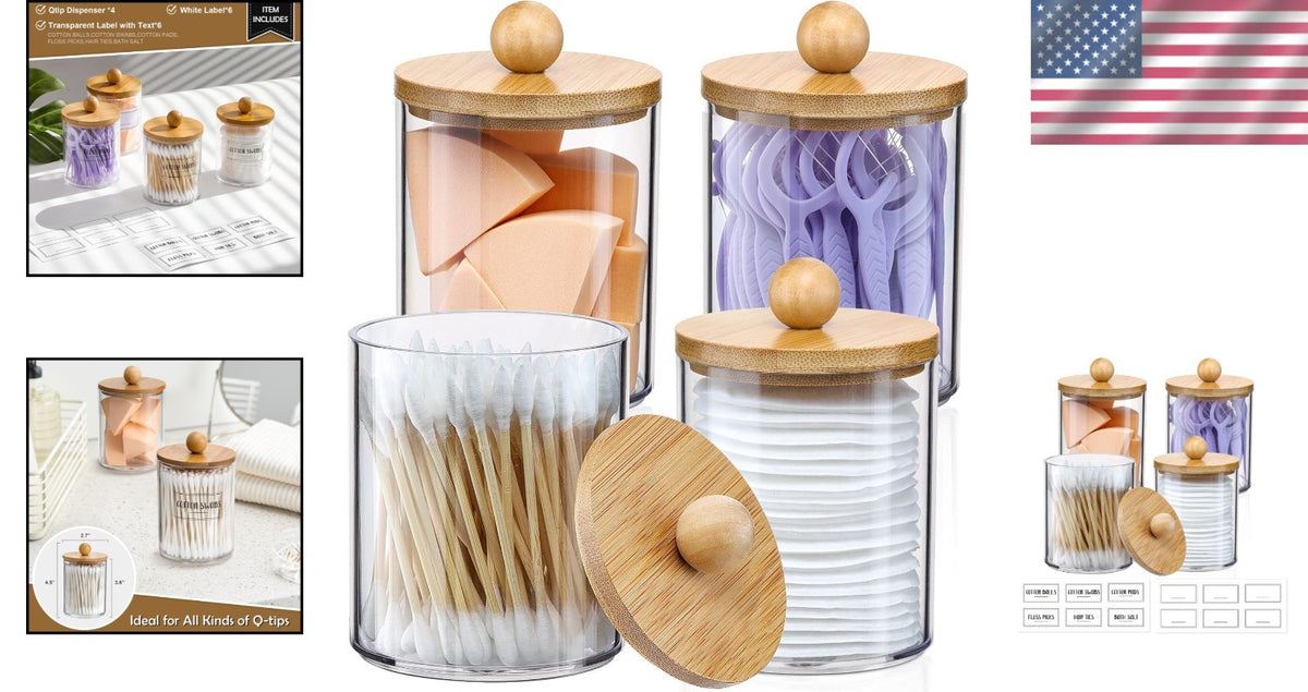 4 Pack 10oz Glass-Style Apothecary Jars with Bamboo Lids for Storage & Decor