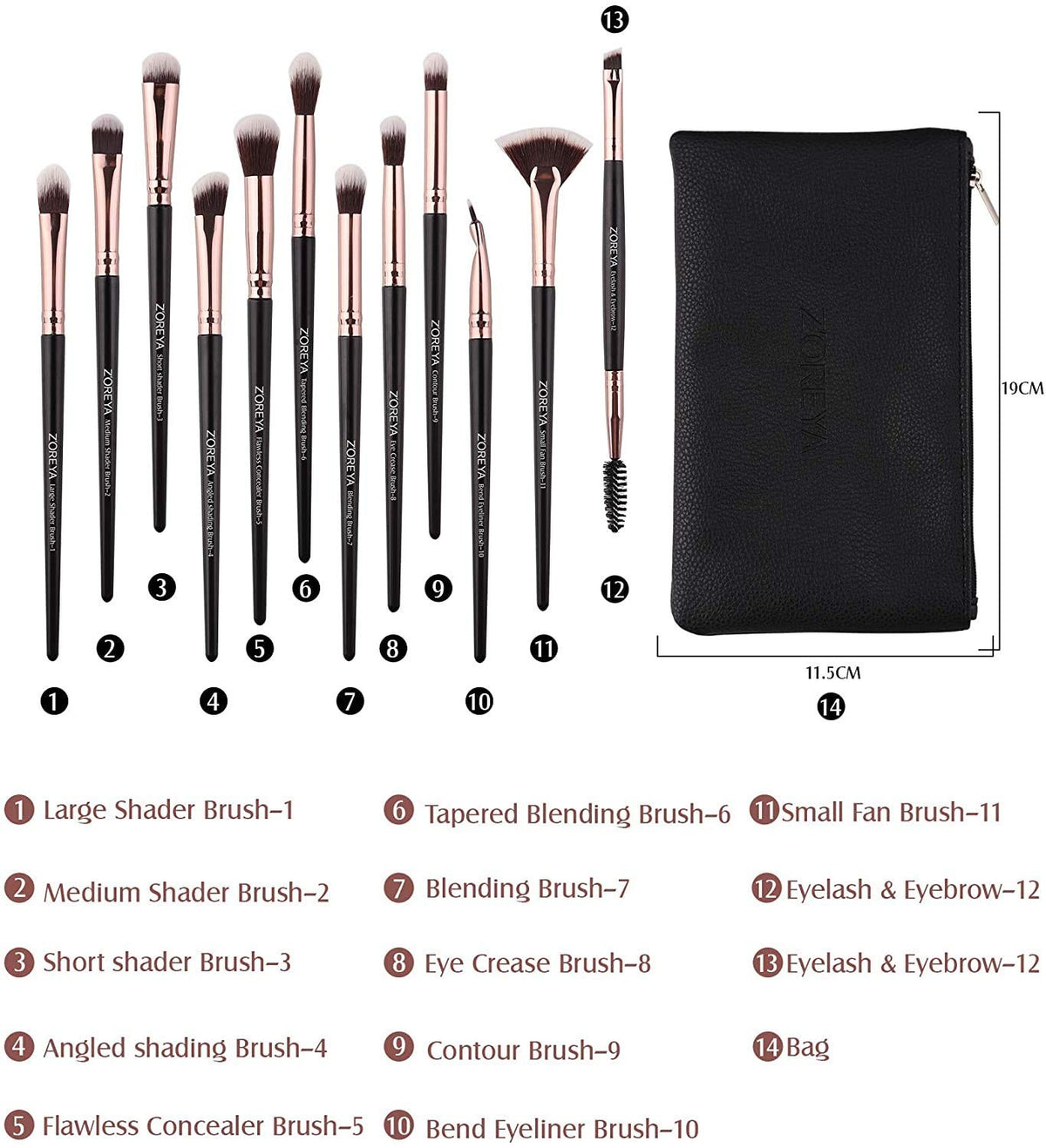 12 Pcs Professional Eye Makeup Brush Set - Black Synthetic Brushes