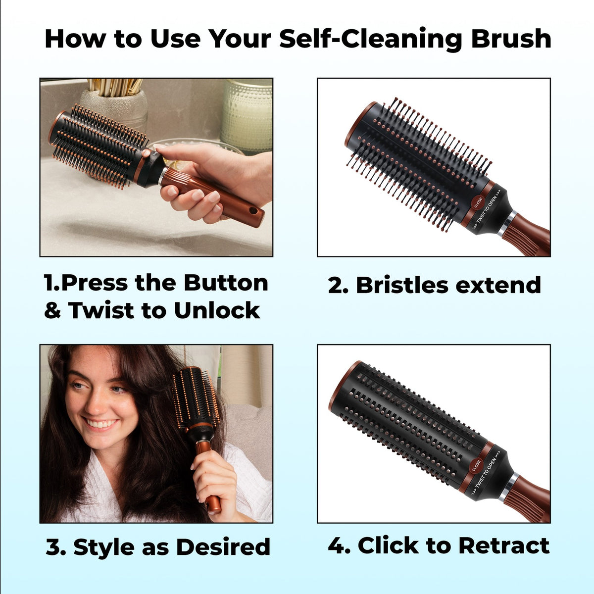 Self-Cleaning Retractable Hair Brush for Women - Brown
