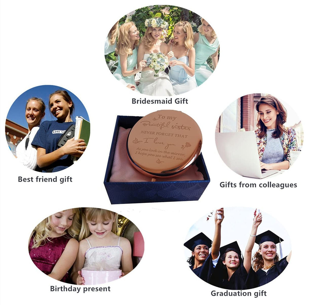 Personalized Compact Mirror for Sisters - Heart & Rose Gold, 2x Magnification