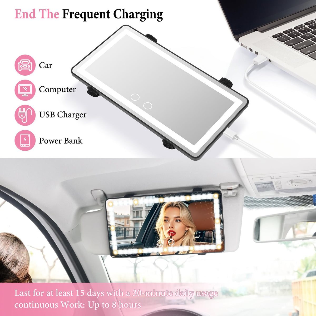 Rechargeable Car Sun Visor Vanity Mirror with LED Lights - Compact Makeup Mirror