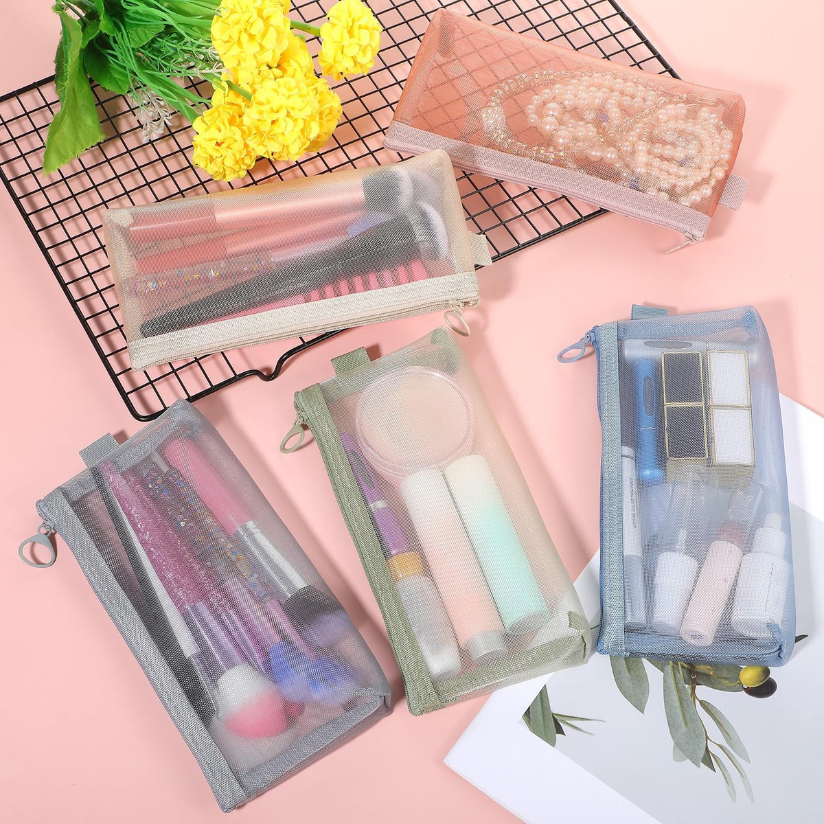 Multi-Color Mesh Travel Makeup Organizer Bags - 5 Pack