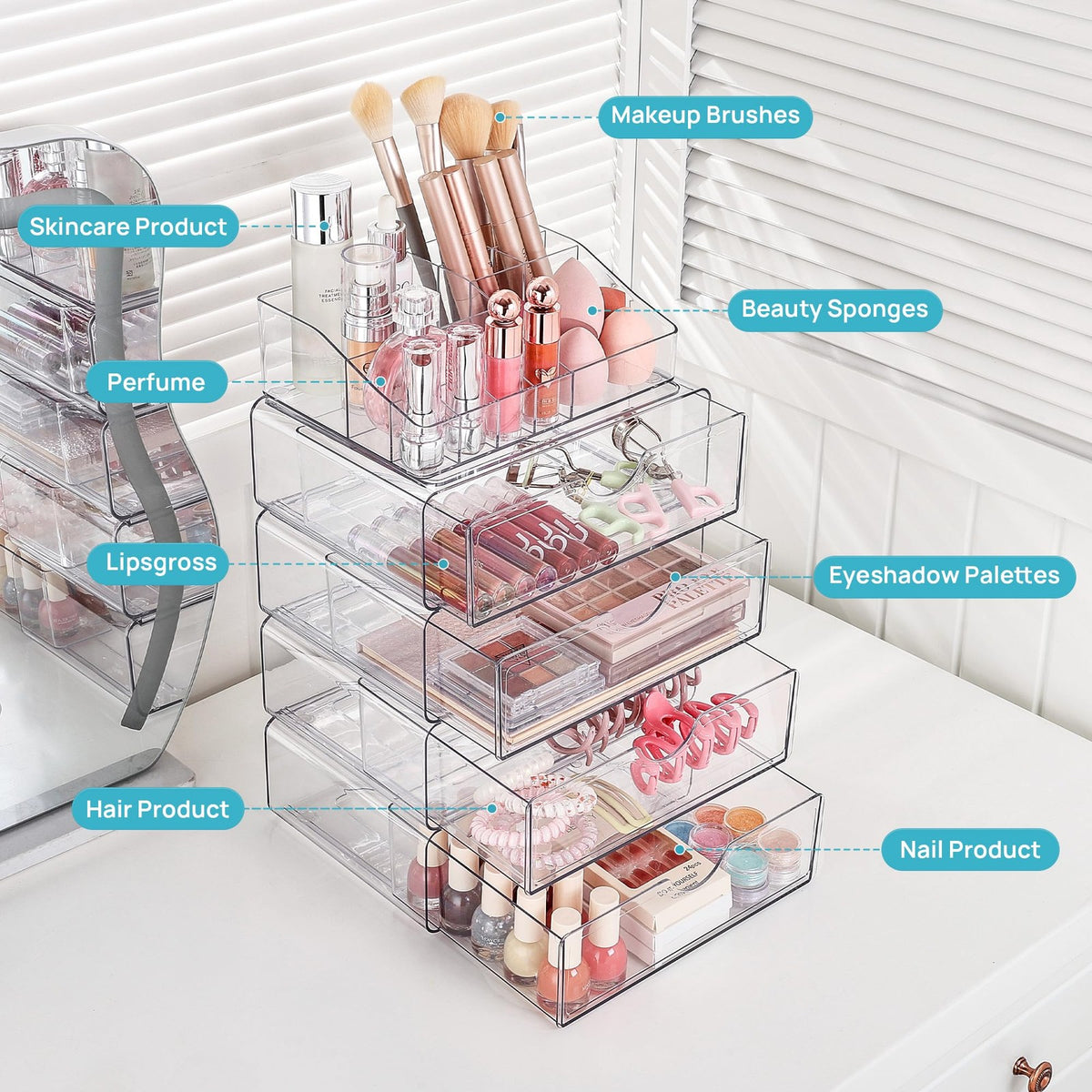 3-Tier Clear Makeup Organizer with Drawers and Compartments for Beauty Storage