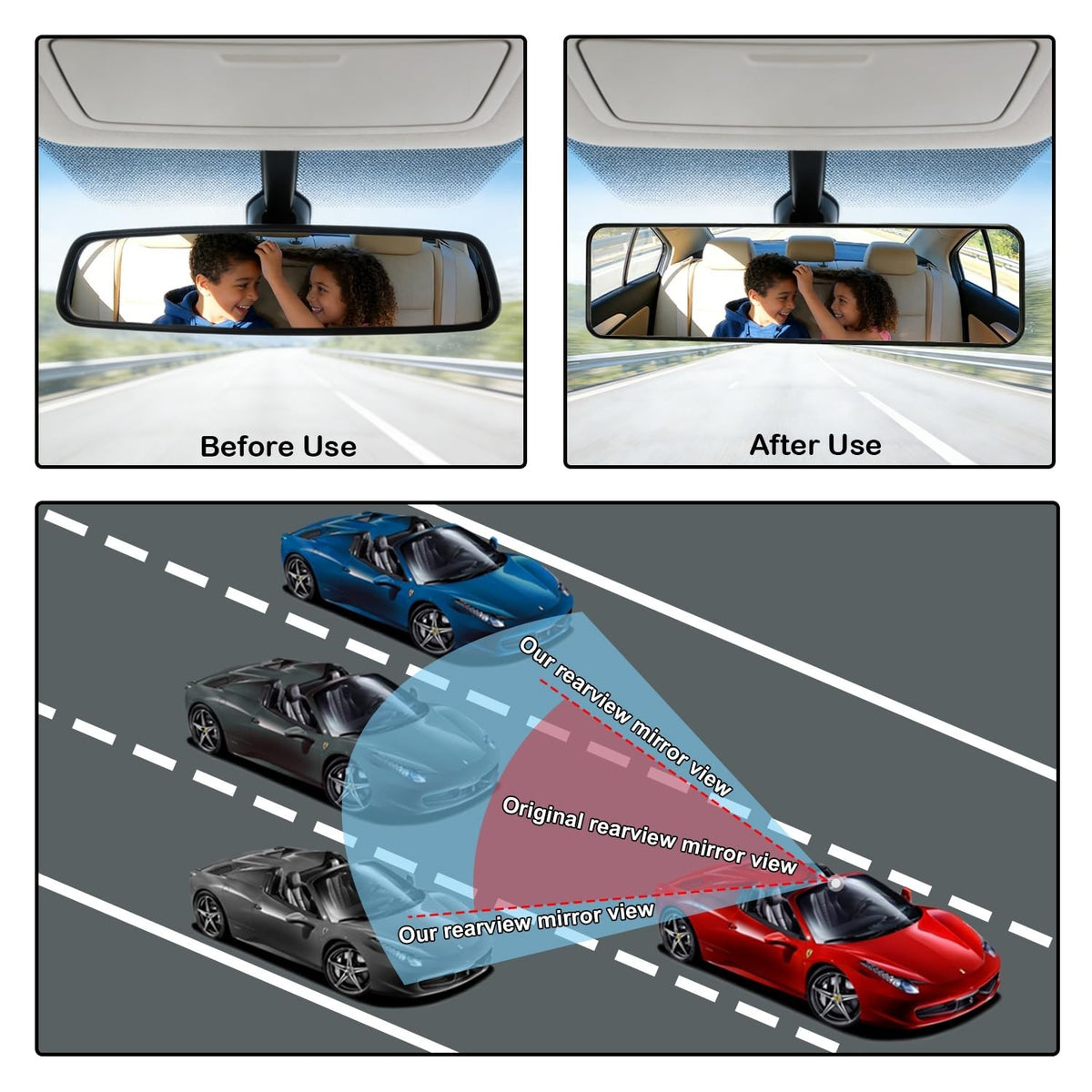 Car Rear View Mirror 12 Inch Wide Angle Convex Clip-On Interior Mirror Black