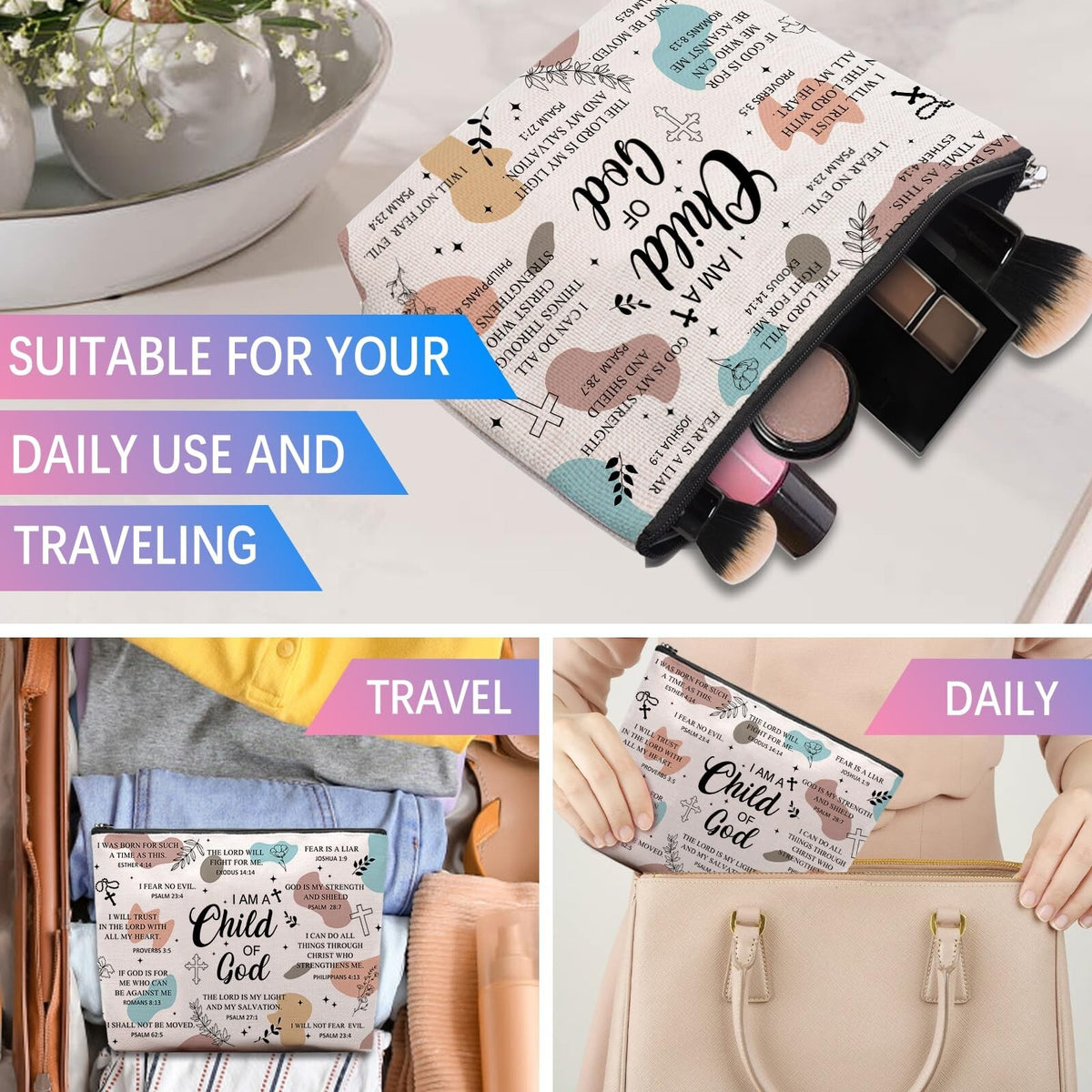 Christian Makeup Bag for Women - Religious Goddaughter Gift, Bible Verse Encouragement, Waterproof Canvas Pouch