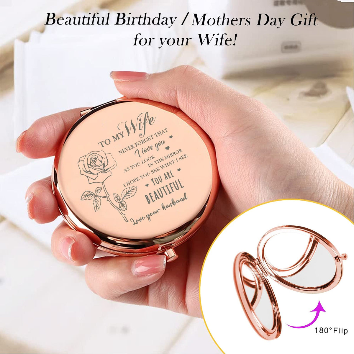Rose Gold Compact Mirror with Magnification - Portable Makeup Vanity
