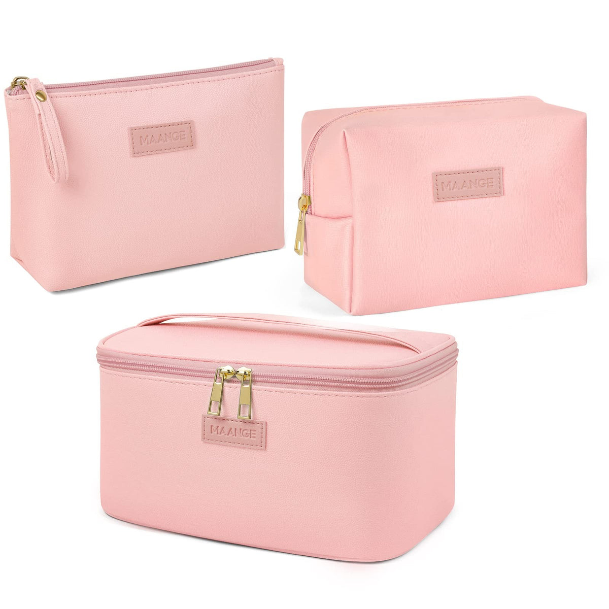 Large Travel Makeup Bag with 2 Small Cosmetic Pouches - Portable Leather Organizer Set