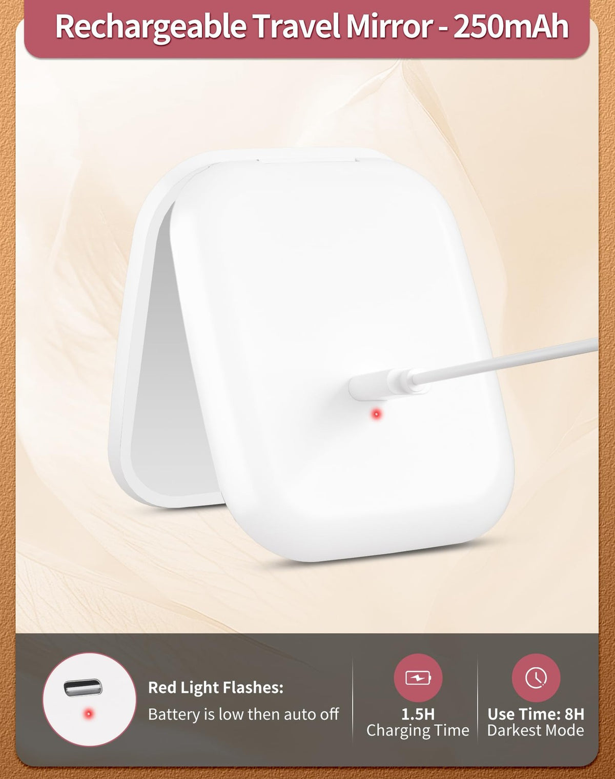 Rechargeable LED Compact Pocket Mirror with Light and 5X Magnification