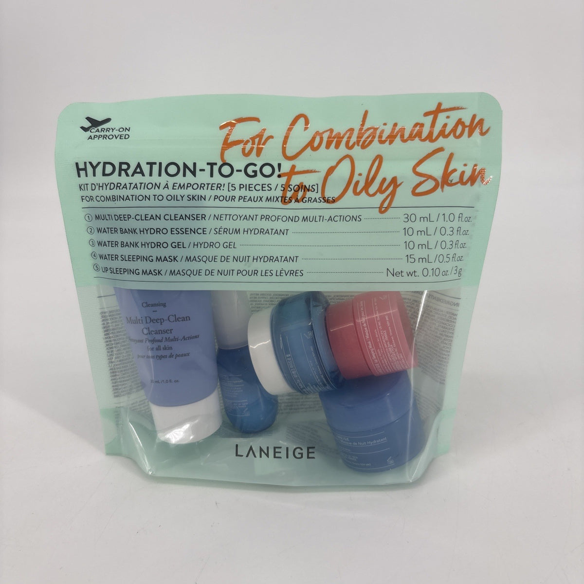 Laneige Hydration To-Go Skincare Kit for Oily & Combination Skin - Travel Set 5 Pieces