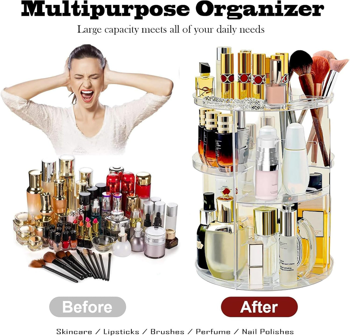 Large Rotating Makeup Organizer with Adjustable Shelves, 7 Layers for Vanity Storage