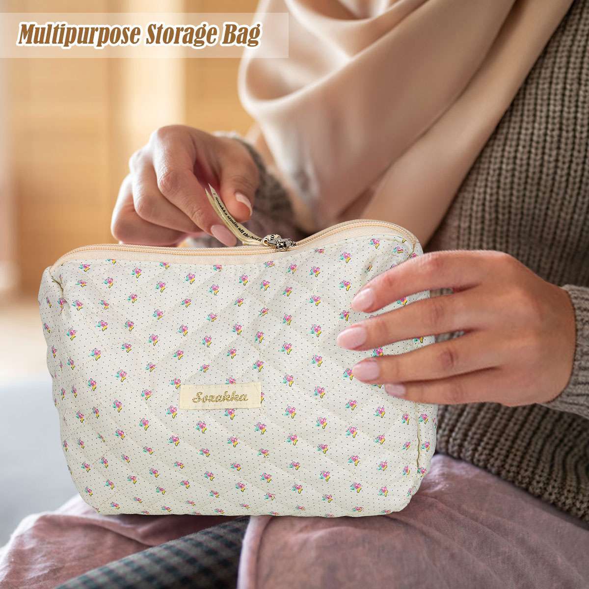 Elegant Travel Cosmetic Bag Organizer with Flower Pattern - Padded Toiletry Storage