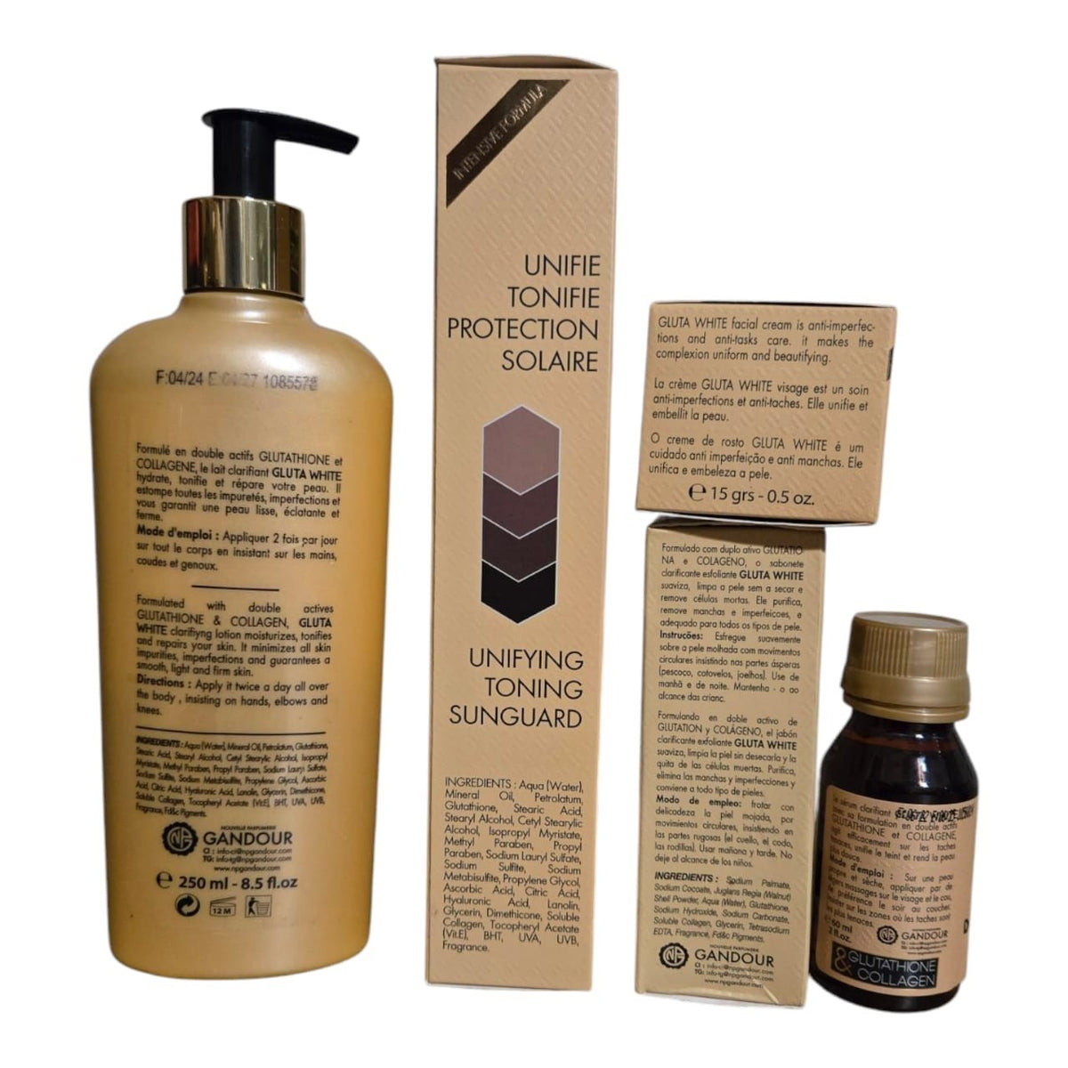 Gluta White Age Defying Glutathione Collagen Lotion Set 250ml with Soap Serum & Cream