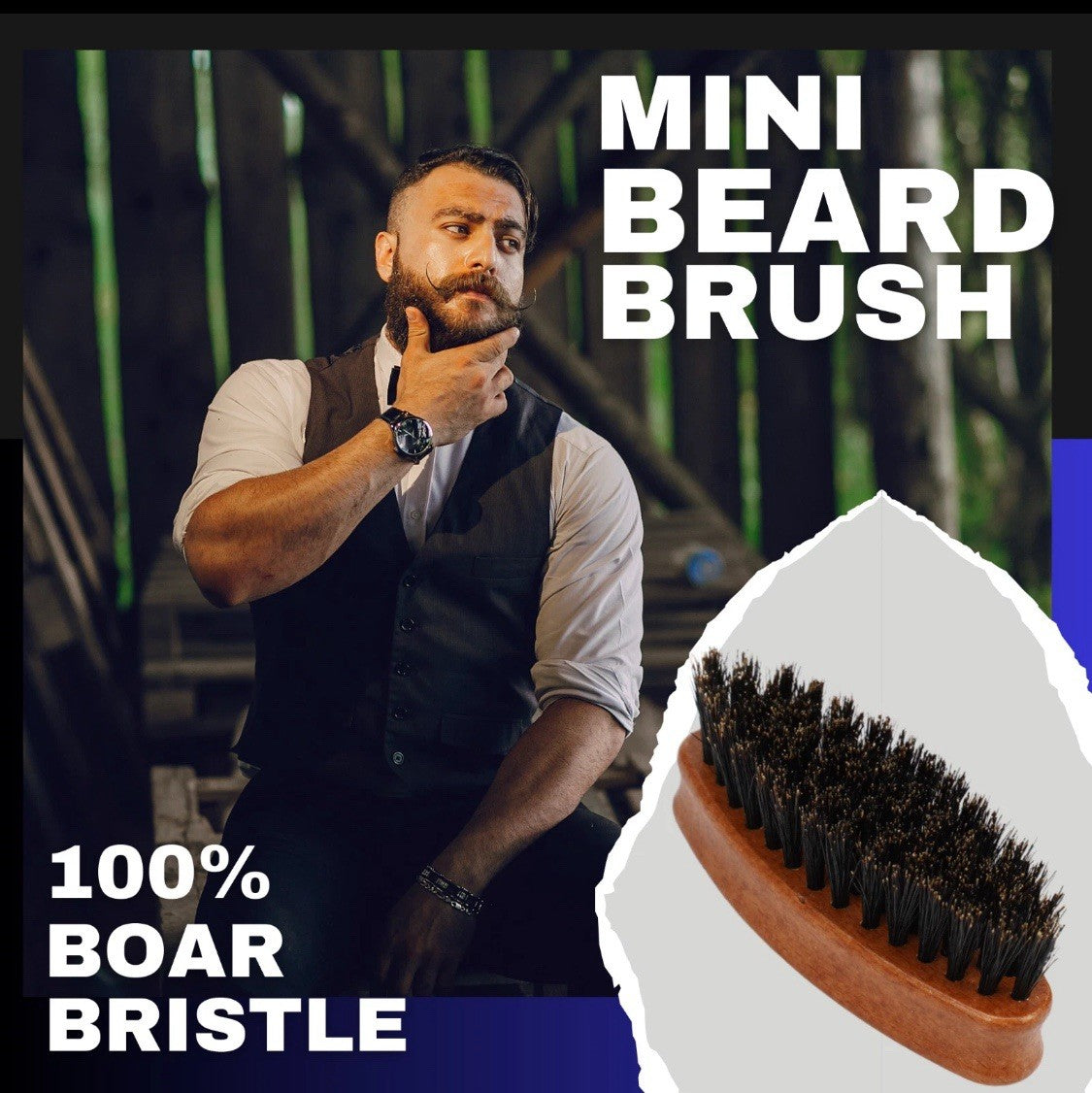 Wood Mini Travel Beard Brush with Boar Bristles and Wooden Handle