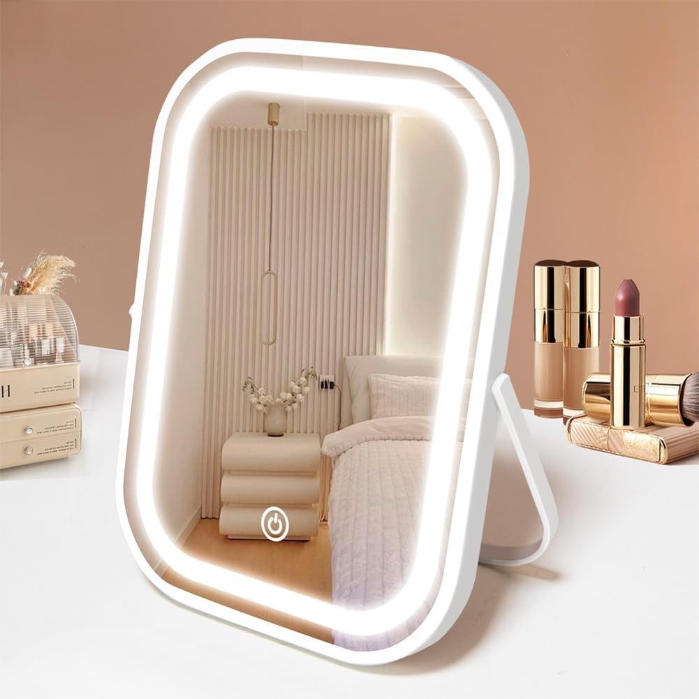 Travel Makeup Mirror with Lights - Portable LED Vanity Mirror, Rechargeable & 360° Rotation