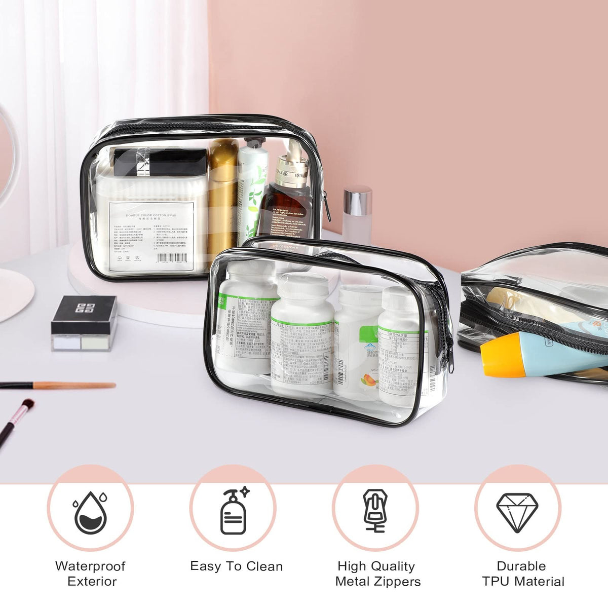 18 Pack Clear Makeup Bags with Zippers - Travel Cosmetic Organizer Pouches