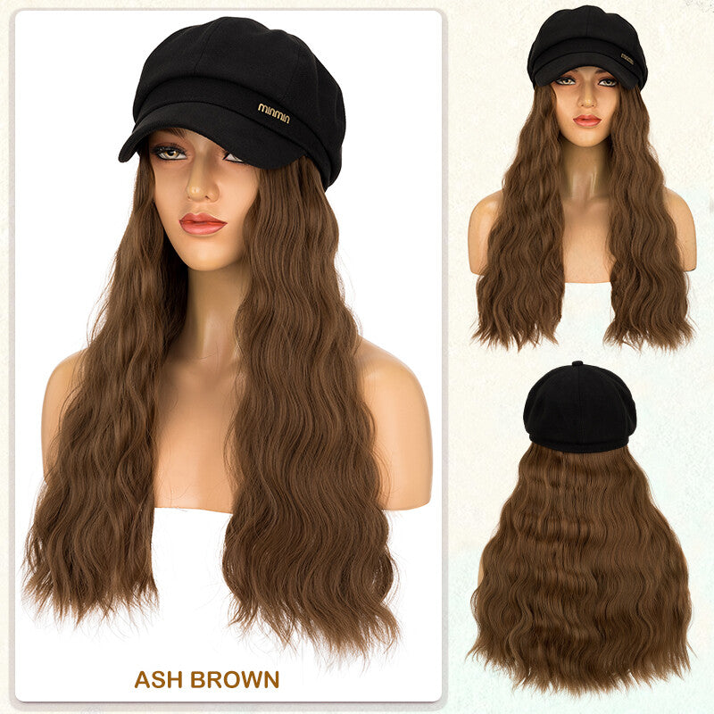 Unisex Wavy Long Hair Beret Cap with Synthetic Hair - Casual Hat Wig