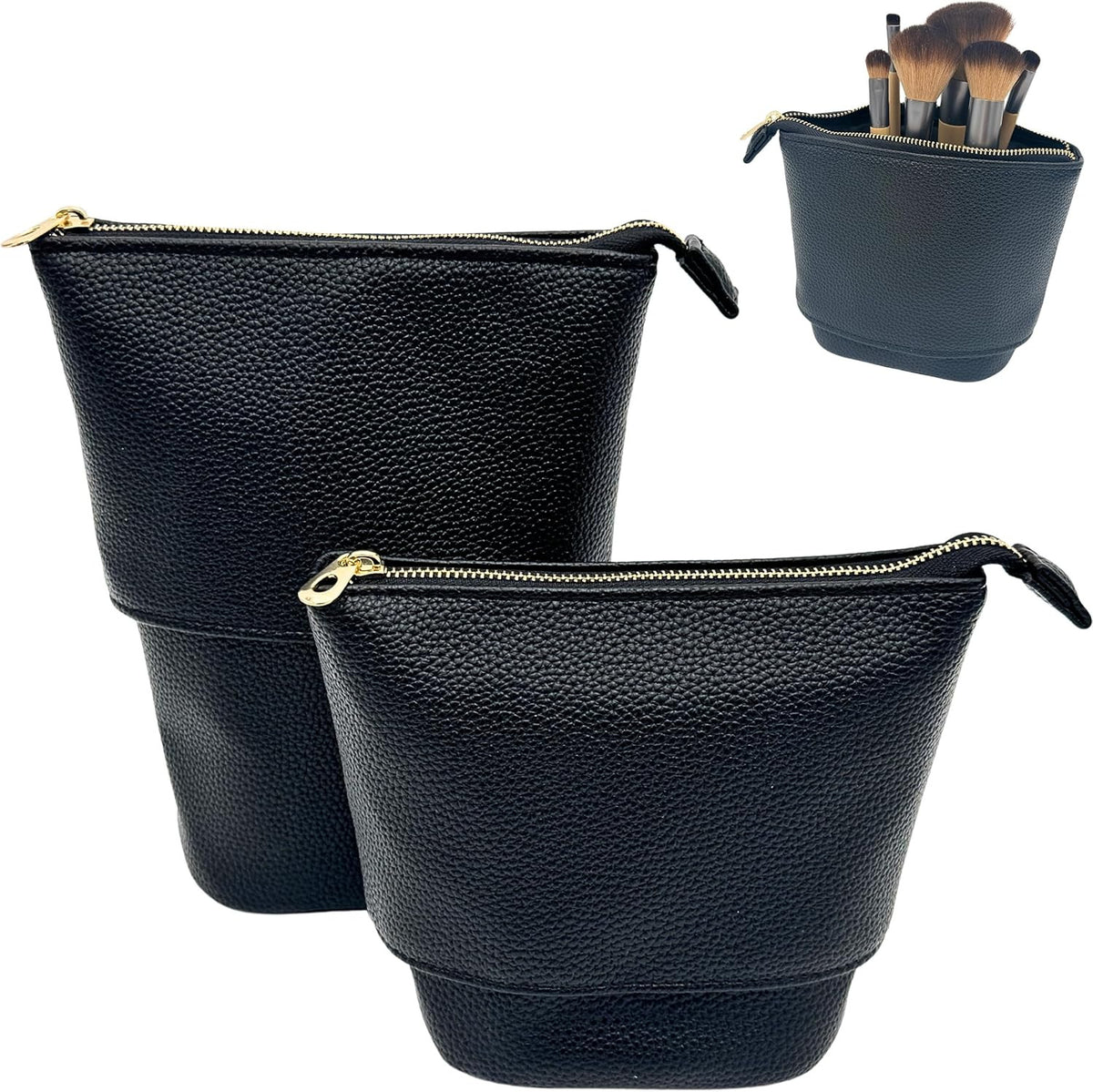 Travel Makeup Brush Holder Bag - 2-in-1 Stand-Up Cosmetic Pouch, Water-Resistant, Black