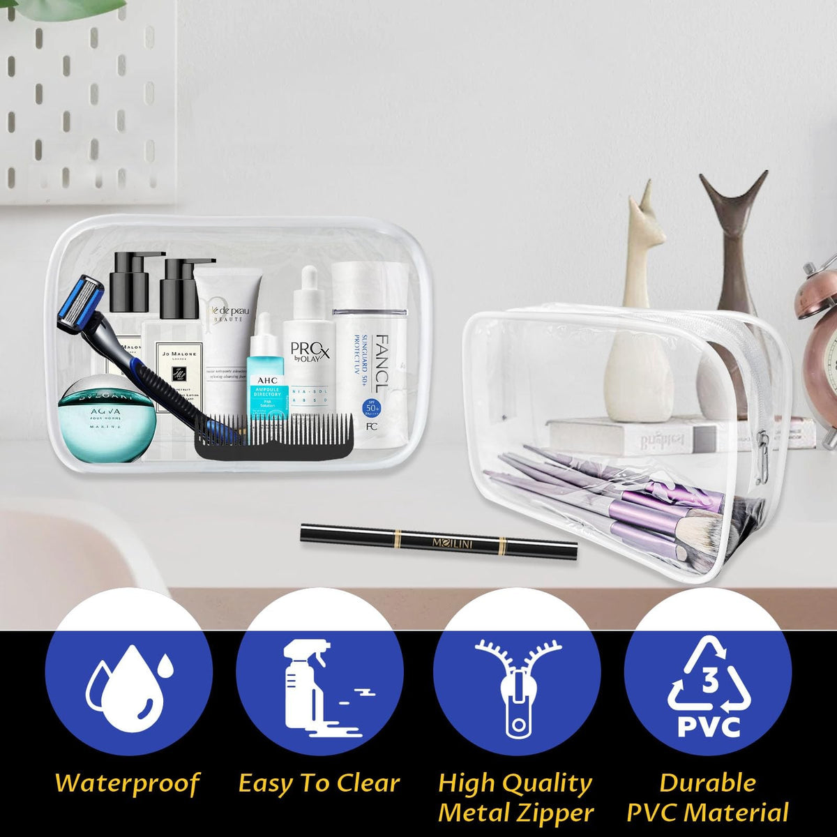 16 Pack Clear Travel Makeup Bags TSA Approved Waterproof PVC Organizer